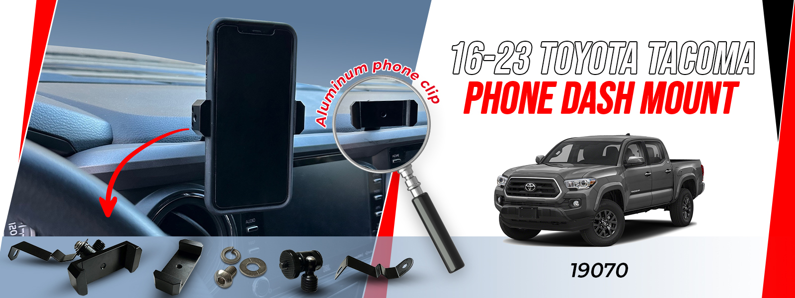 Aluminum phone clip for cars, showing installation and usage.