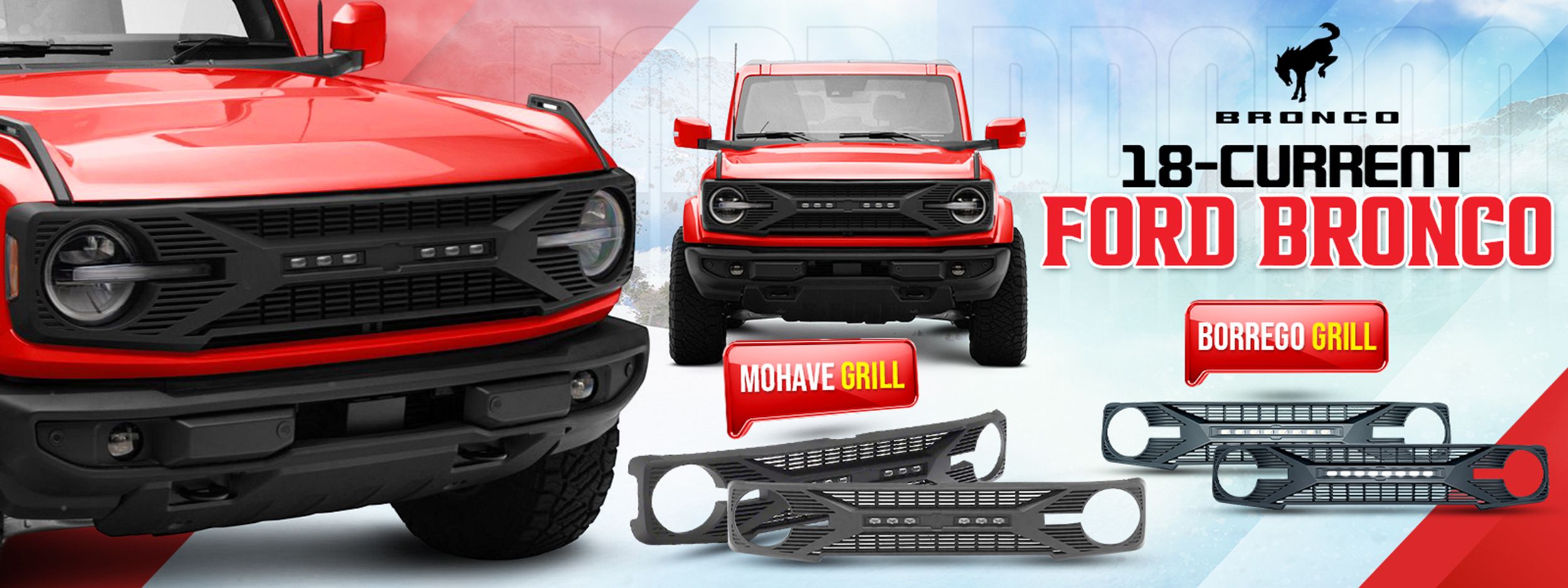 Red Ford Bronco with aftermarket Mohave grille installed and displayed.