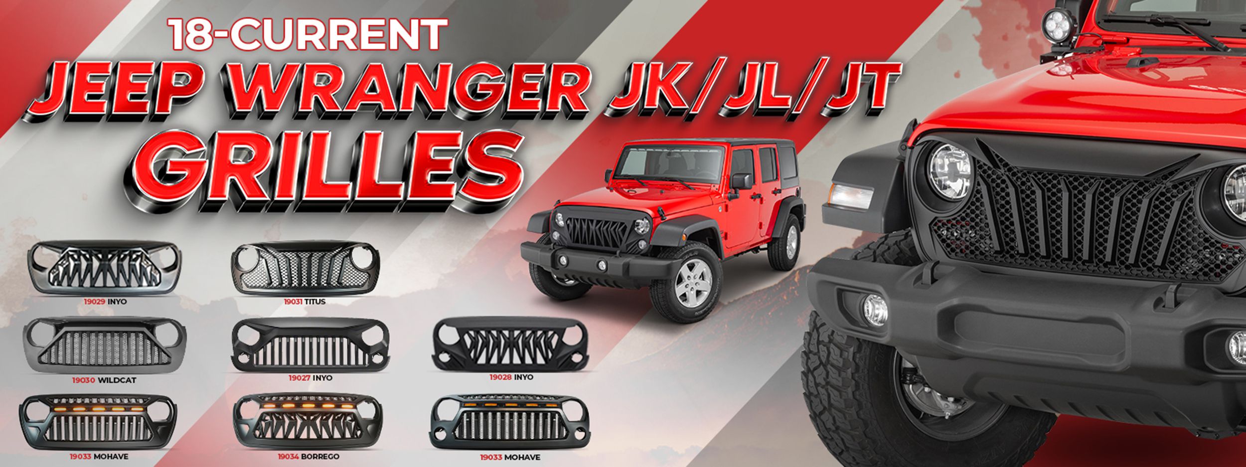 Red Jeep Wrangler JK with aftermarket grille and tires on display.