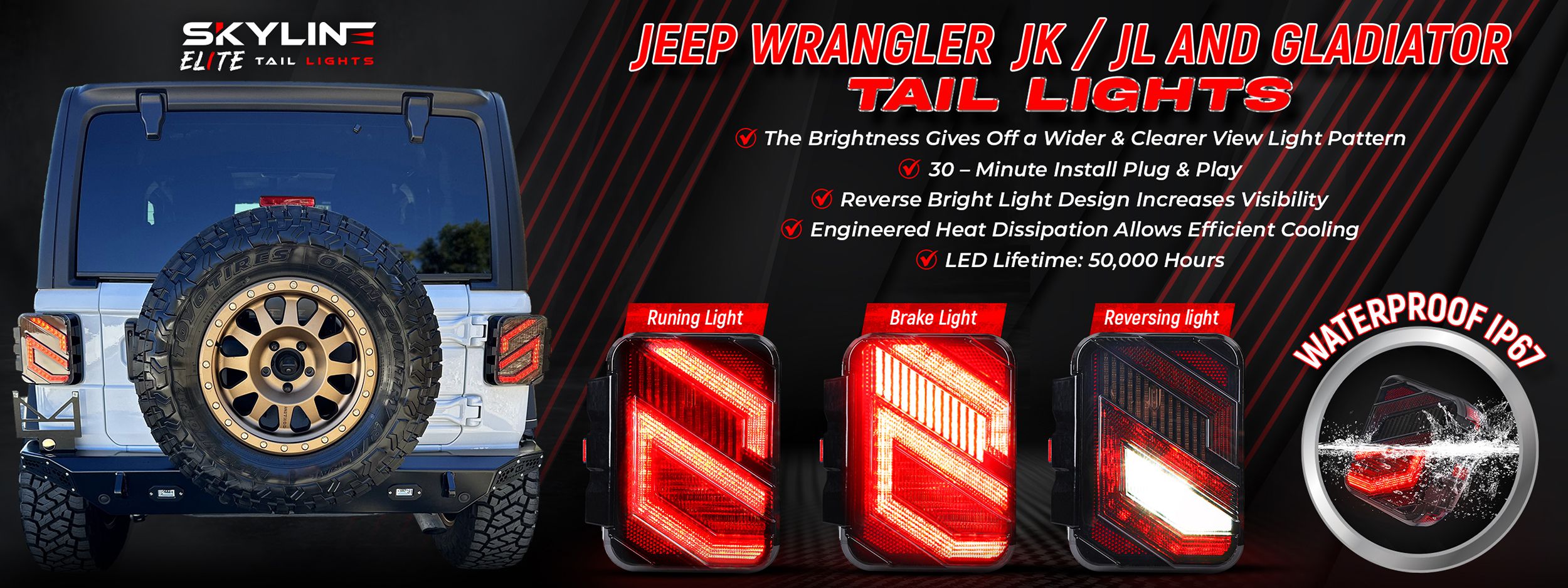 Bright LED tail lights for Jeep Wrangler JK with distinct running and brake lights.