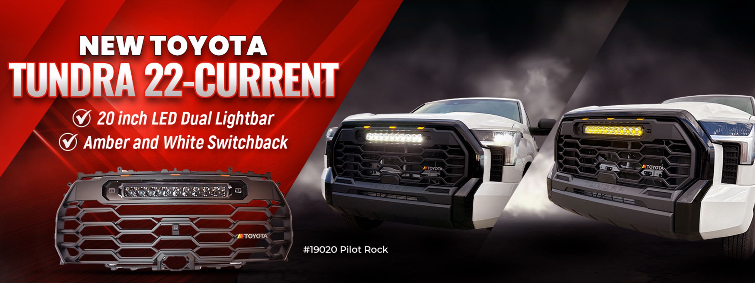 A sleek white off-road truck featured in a bold red and black promotional design.